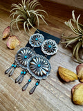 Lorenzo & Jerilyn Chee Sterling Silver Concho Dangle Earrings – Native Made, Kingman Turquoise