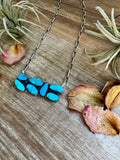 Bar Necklace – 7 Large Kingman Turquoise Stones – Sterling Silver – 19 Inch Paperclip Chain
