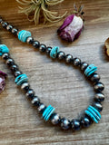 NFR Collection Necklace – 8mm & 14mm Sterling Silver Pearls with 20mm Turquoise Disc – Handmade by The Bijoux FAB – 23.5"