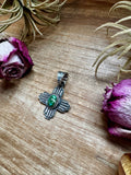 Zia Symbol Pendant with Green Sonoran Gold Turquoise – Sterling Silver – Native Made by K. Billah – Fits 8mm