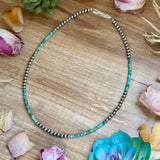 20” Heishi Turquoise Necklace – 4mm Turquoise & 5mm Sterling Silver Pearls
