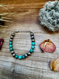 8 mm Sterling Silver Pearls bracelet with round turquoise