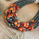 Orange/Red Shell Heart & Sterling Silver Pearl Necklace - 15 inch