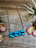 Bar Necklace – 7 Large Kingman Turquoise Stones – Sterling Silver – 19 Inch Paperclip Chain