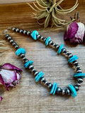 17-inch sterling silver pearl necklace with 20mm blue turquoise rondelle, handmade by The Bijoux FAB in the USA, NFR Collection