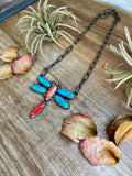 Dragonfly Pendant Necklace – Kingman Turquoise & Red Spiny Oyster – 19 Inch Sterling Silver Dragon Paperclip Chain