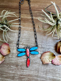 Dragonfly Pendant Necklace – Kingman Turquoise & Red Spiny Oyster – 19 Inch Sterling Silver Dragon Paperclip Chain