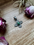 Zia Symbol Pendant with Green Sonoran Gold Turquoise – Sterling Silver – Native Made by K. Billah – Fits 8mm