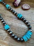 NFR Collection Necklace – 35 inch long 8mm & 14mm Sterling Silver Pearls with 20mm Turquoise Rondelle