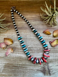 21  inch - American Rodeo Collection - 10 mm Sterling Silver Pearls, Red Spiny & Turquoise