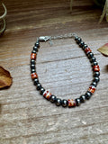 Sterling Silver Pearl Bracelet with Red-Orange Spiny Oyster Heishi