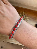 Red Coral Cuff Bracelet – Native Made by Russell Sam, Sterling Silver