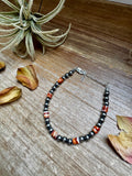 Sterling Silver Pearl Bracelet with Red-Orange Spiny Oyster Heishi