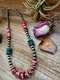 NFR Collection Necklace – Sterling Silver Pearls with Red Spiny Oyster & Green Turquoise – 21"