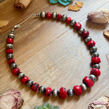 Graduated Dyed Red Coral & Sterling Silver Pearl Necklace