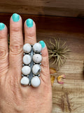 White Buffalo Turquoise Ring – 8-Stone Adjustable Long Statement Ring