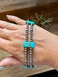 Double Strand Necklace – 13” Beaded – Sterling Silver Pearls & Rectangle Variscite Turquoise