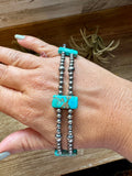 Pink Double Strand Necklace – 13” Beaded – Sterling Silver Pearls & Rectangle Variscite Turquoise