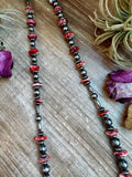 NFR Collection Necklace – Sterling Silver Torpedo Pearls with Red Spiny Oyster – Handmade by The Bijoux FAB – 39"