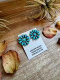 Native Made Cluster Earrings – Bright Light Blue Turquoise, 1 Inch, Post Style, Stamped JW