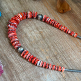 22-Inch Graduated Orange and Red Spiny Oyster & Sterling Silver Pearl Necklace