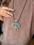 Large Sterling Silver & Kingman Turquoise Pendant – Native Made by L. – Fits 12mm Pearls