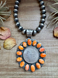 Orange Spiny Oyster & Silver Coin Pendant – Signed by Gabby