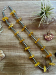 26 inch sterling silver pearls necklace with yellow amber beads