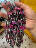 Pink Double Strand Necklace – 13” Beaded – Sterling Silver Pearls & Rectangle Variscite Turquoise