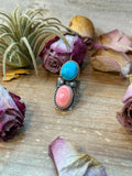 Kingman Turquoise & Pink Conch Sterling Silver Ring – Size 7.5