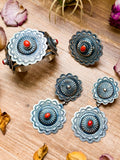 Sterling Silver Coral Jewelry Set – Native Made by Emerson Brown – Cuff, Adjustable Ring & Dangle Earrings